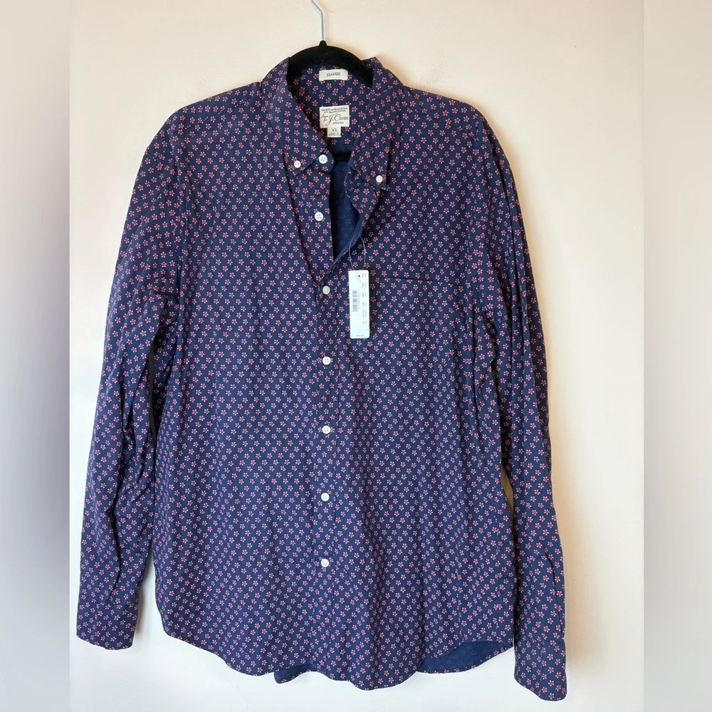 J Crew Classic Untucked Shirt Organic Cotton Navy Floral Men’s XL Button Down